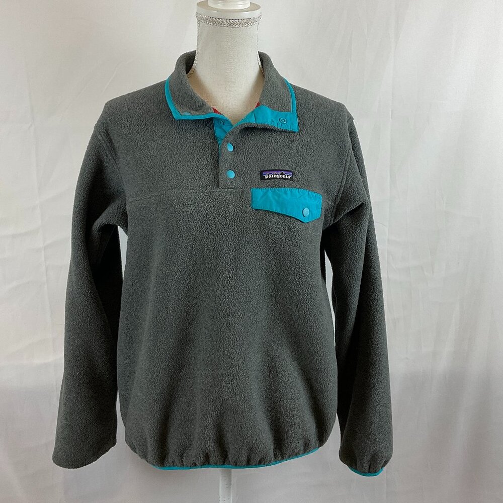 Patagonia Synchilla Pullover S Gray Teal Trim Long Sleeve Half Snap Elastic Wais